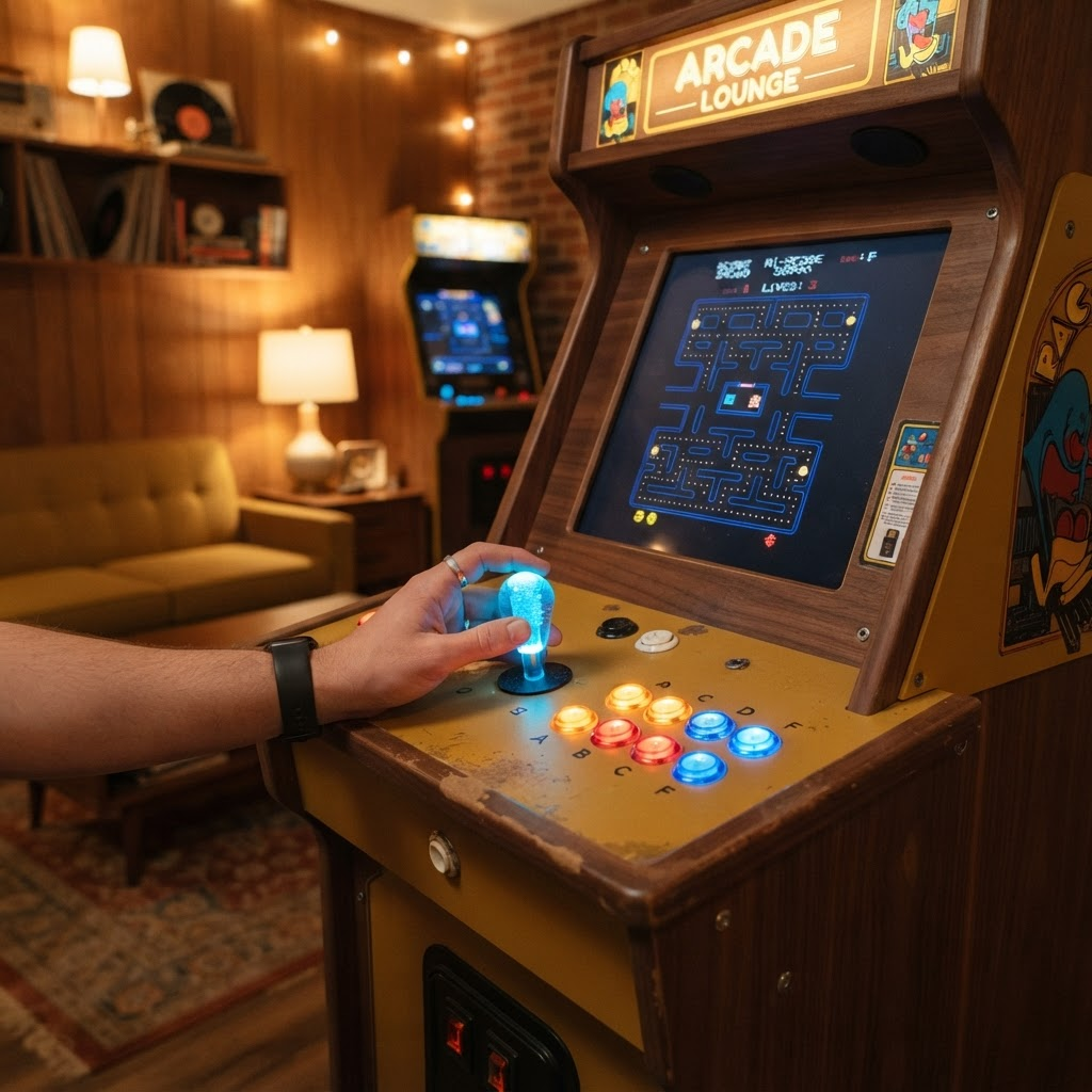 Borne d'arcade rétro éclairée dans le lounge Fekoralu